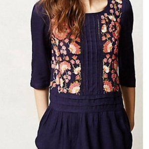 $128 anthrolopogie FLOREAT embroidered flower blue LUANA tunic blouse NWT Size 0
